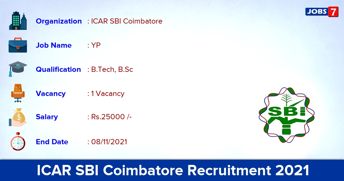 ICAR SBI Coimbatore Recruitment 2021 - Direct Interview for YP Jobs