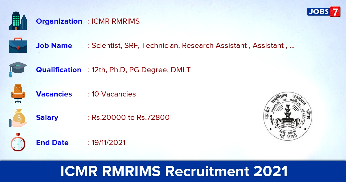 ICMR RMRIMS Recruitment 2021 - Apply Online for 10 Technical Assistant Vacancies