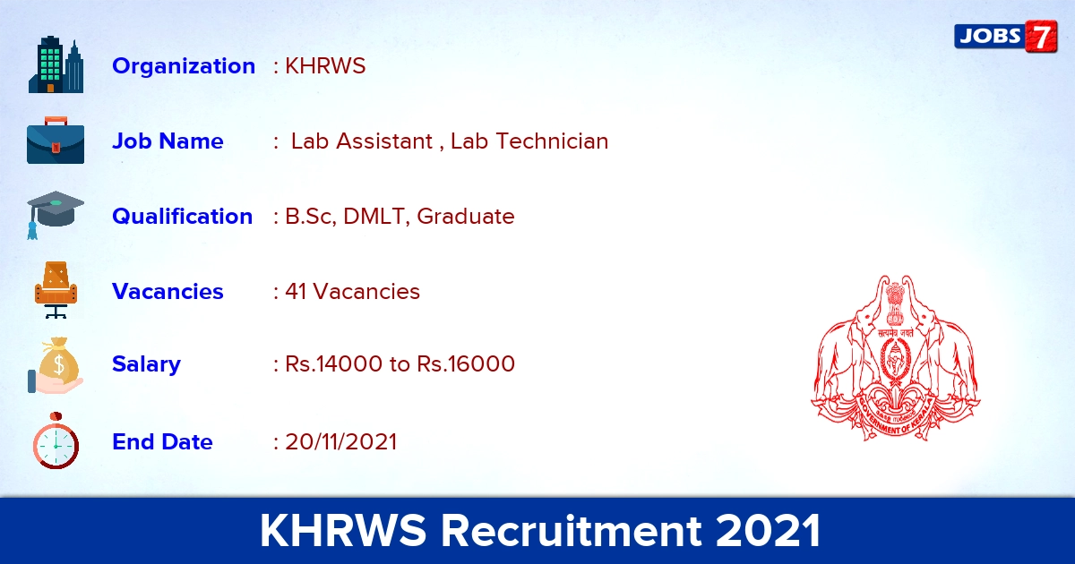 KHRWS Recruitment 2021 - Direct Interview for 41 Lab Assistant Vacancies