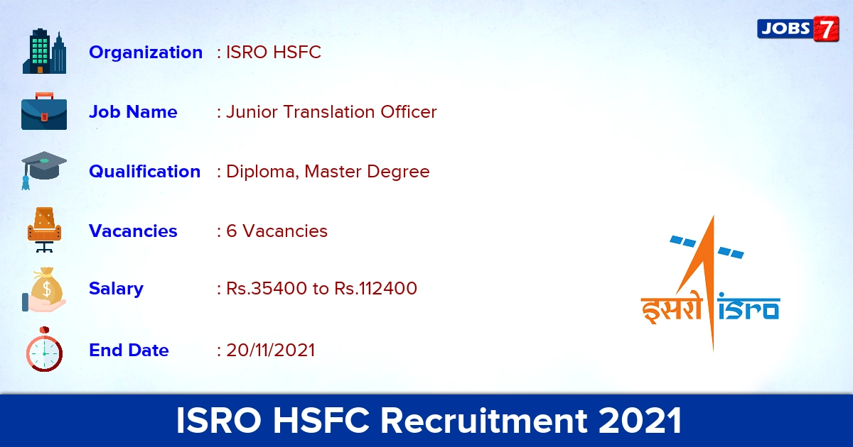ISRO HSFC Recruitment 2021 - Apply Online for JTO Jobs