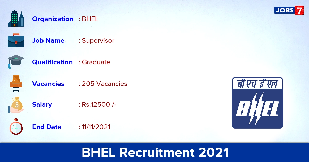 BHEL Recruitment 2021 - Apply Online for 205 Supervisor Vacancies