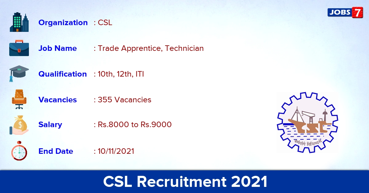 CSL Recruitment 2021 - Apply Online for 355 Trade Apprentice Vacancies