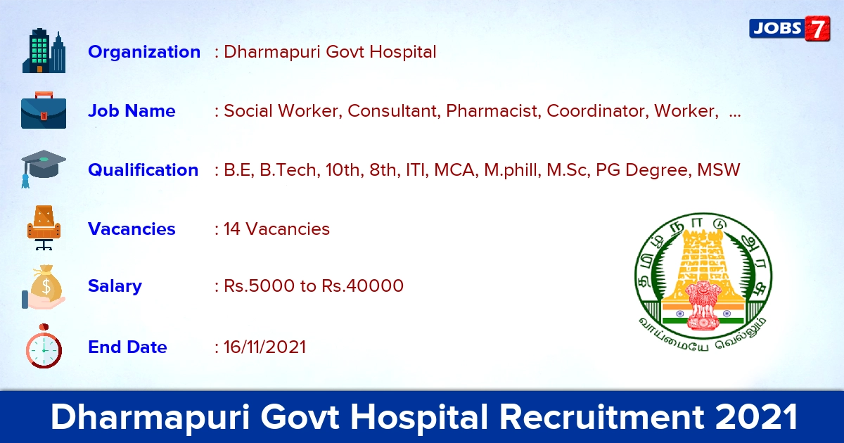 Dharmapuri Govt Hospital Recruitment 2021 - Apply Offline for 14 Social Worker, Consultant Vacancies Dharmapuri Govt Hospital Recruitment 2021 - Apply Offline for 14 Social Worker, Consultant Vacancies
