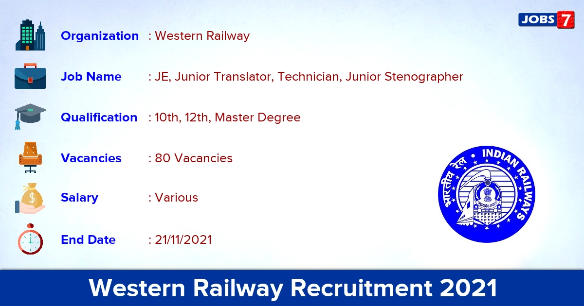 Western Railway Recruitment 2021 - Apply Online for 80 Junior Translator Vacancies