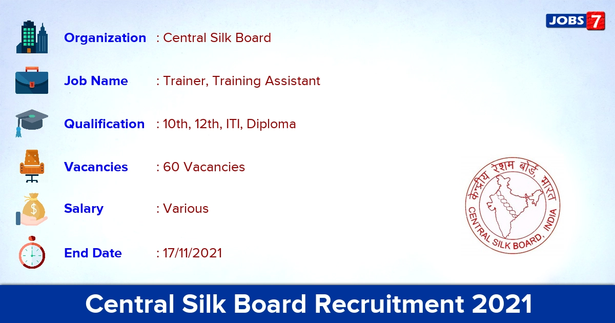 Central Silk Board Recruitment 2021 - Apply Online for 60 Trainer, Training Assistant Vacancies