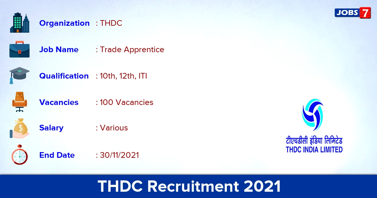 THDC Recruitment 2021 - Apply Offline for 100 Trade Apprentice Vacancies