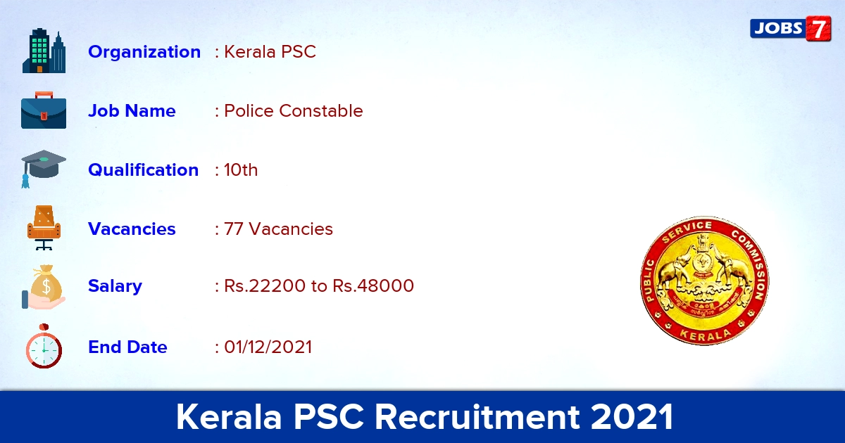 Kerala PSC Recruitment 2021 - Apply Online for 77 Police Constable vacancies