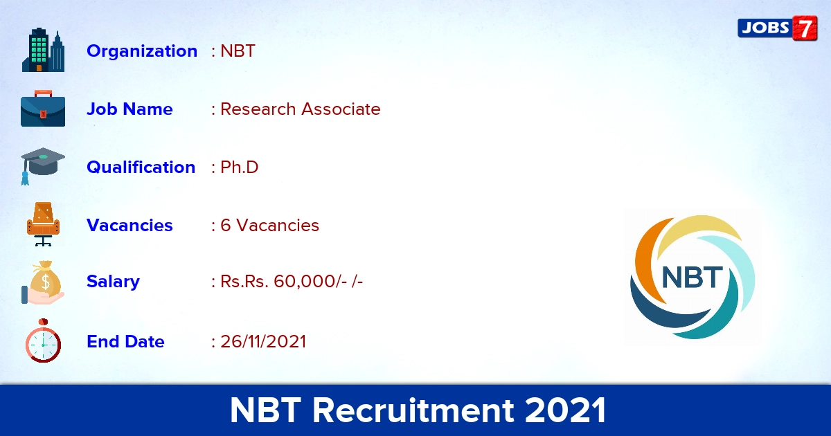 NBT Recruitment 2021 - Apply Offline for Research Associate Jobs