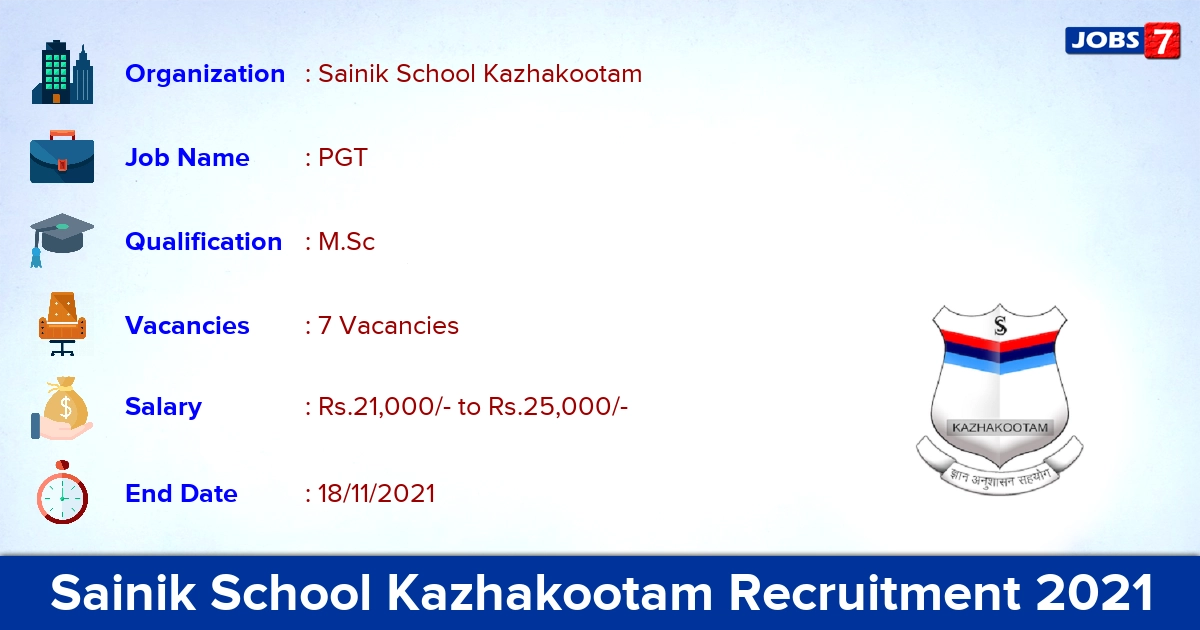 Sainik School Kazhakootam Recruitment 2021 - Apply Offline for PGT Jobs