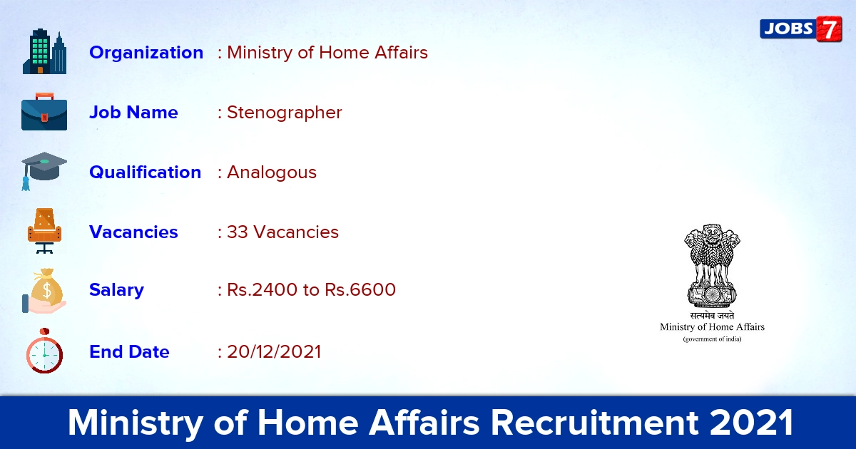 Ministry of Home Affairs Recruitment 2021 - Apply Offline for 33 Stenographer vacancies