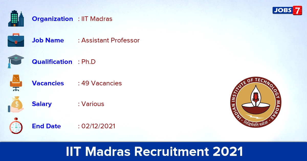 IIT Madras Recruitment 2021 - Apply Online for 49 Assistant Professor Vacancies