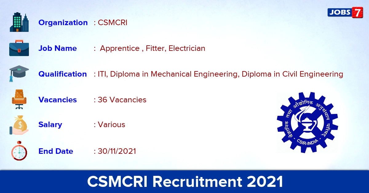 CSMCRI Recruitment 2021 - Apply Offline for 36 Apprentice Vacancies