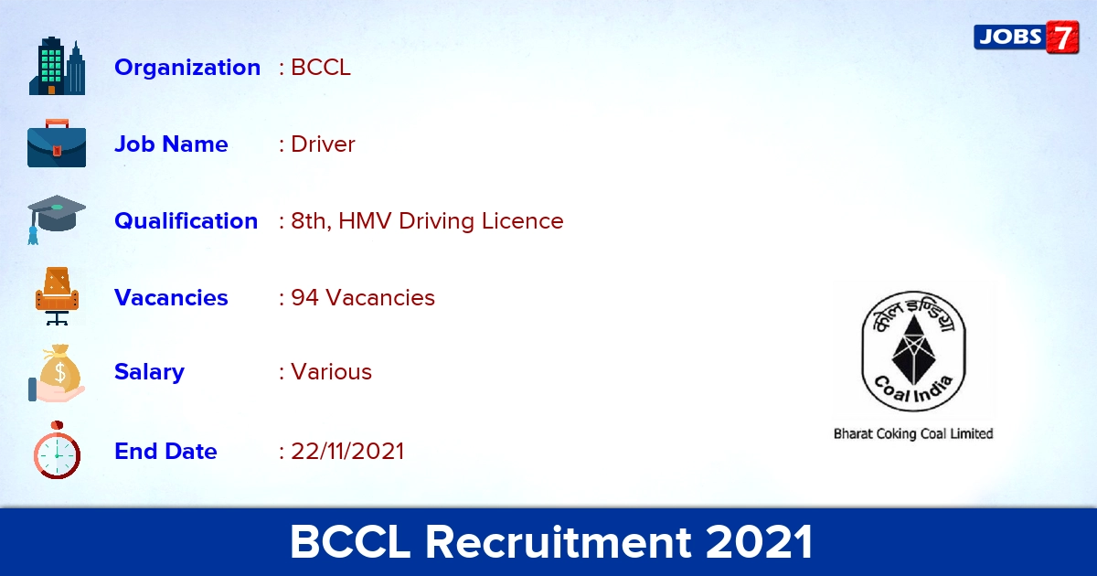BCCL Recruitment 2021 - Apply Offline for 94 Driver Vacancies