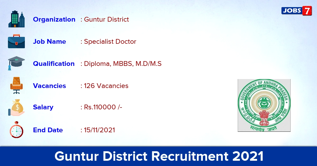Guntur District Recruitment 2021 - Apply for 126 Specialist Doctor Vacancies