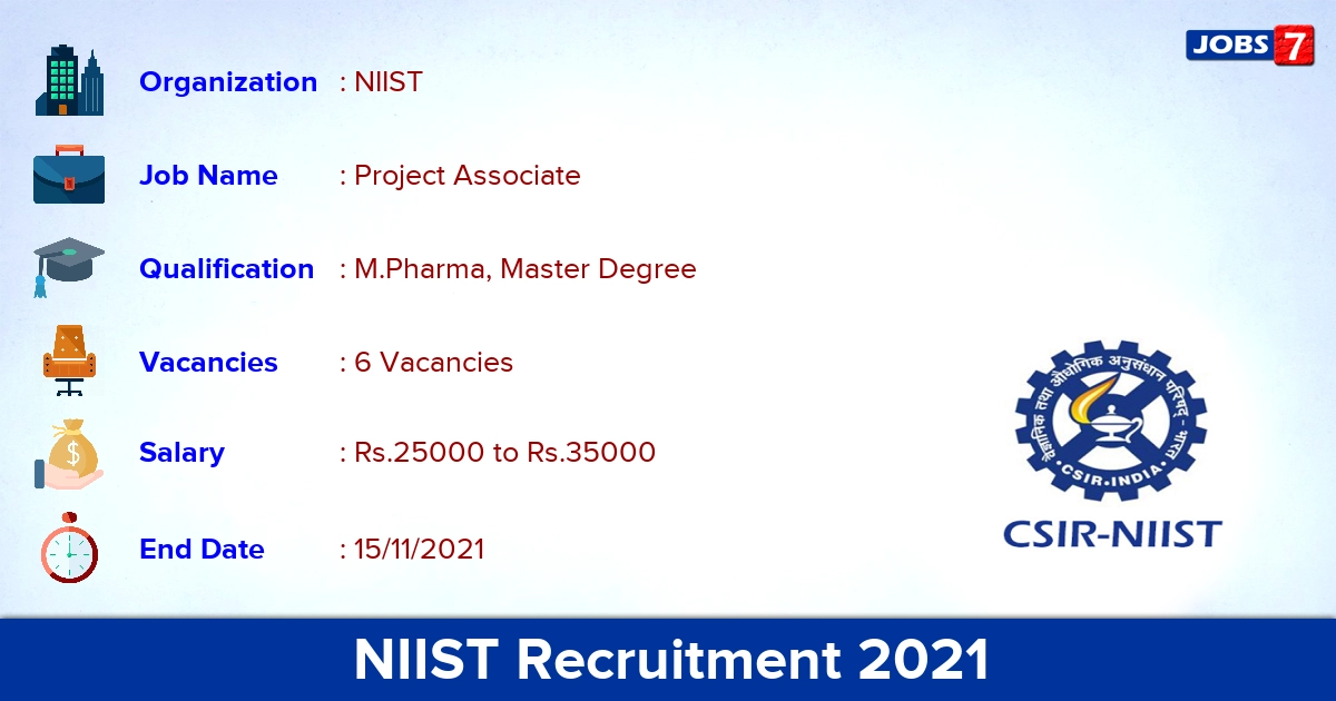 NIIST Recruitment 2021 - Apply Online for Project Associate Jobs