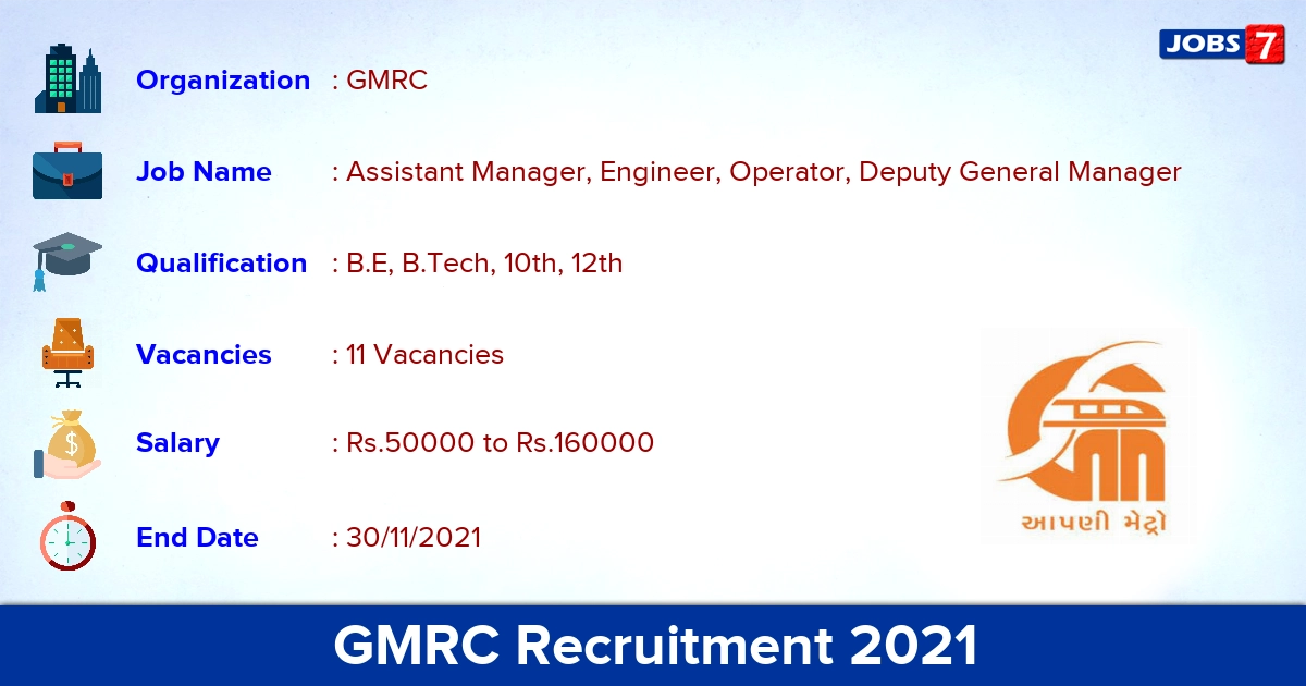 GMRC Recruitment 2021 - Apply Online for 11 Assistant Manager Vacancies