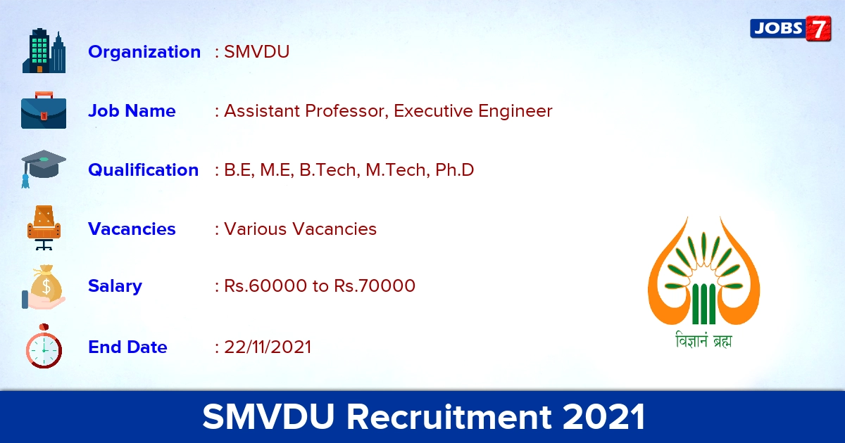 SMVDU Recruitment 2021 - Direct Interview for Executive Engineer Vacancies