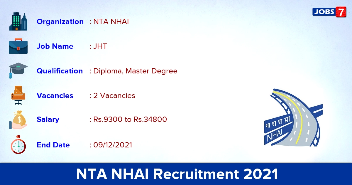 NTA NHAI Recruitment 2021 - Apply Online for JHT Jobs
