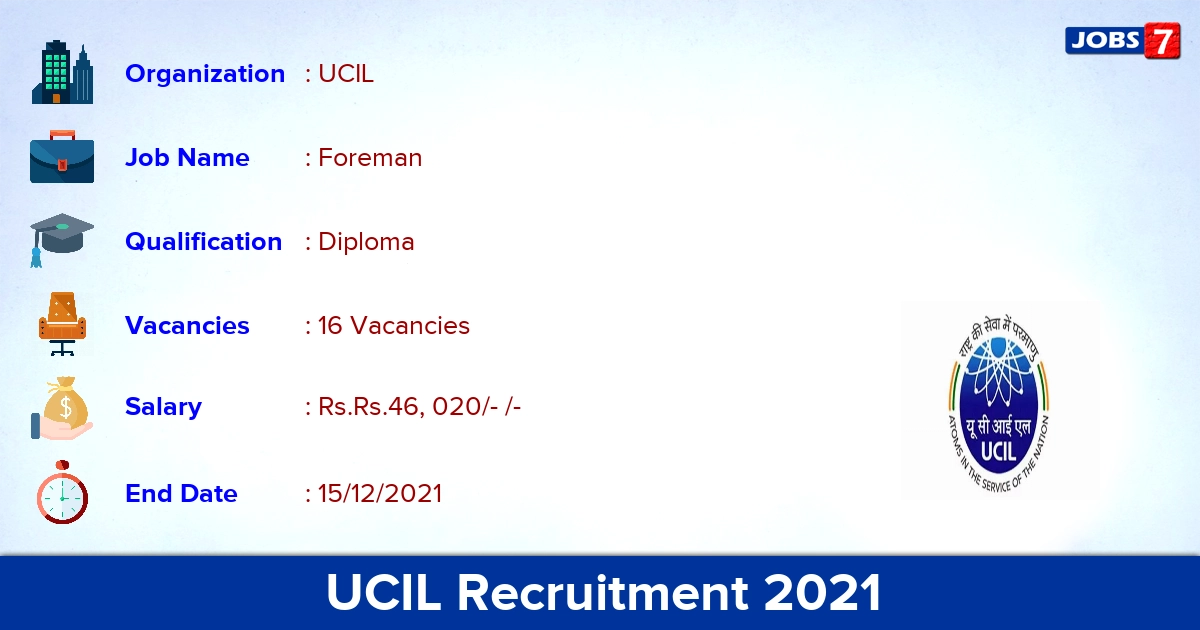 UCIL Recruitment 2021 - Apply Offline for 16 Foreman vacancies
