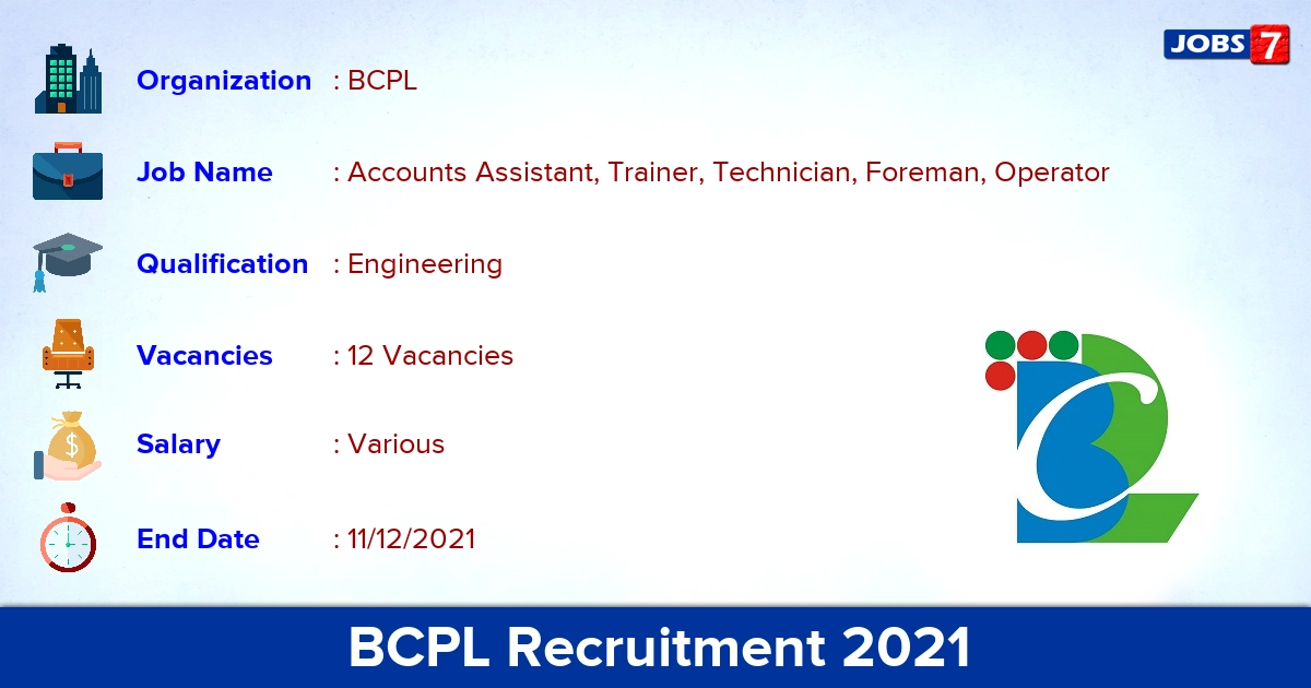 BCPL Recruitment 2021 - Apply Online for 12 Accounts Assistant, Trainer, Technician, Foreman, Operator vacancies