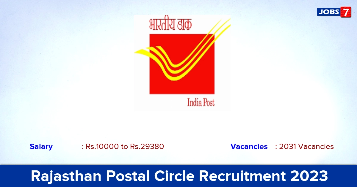 Rajasthan Postal Circle Recruitment 2023 - Apply Online for 2031 GDS Vacancies