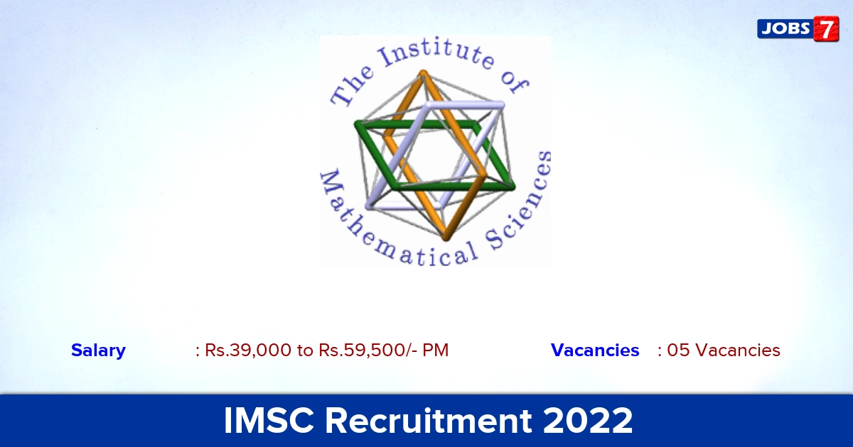IMSC Chennai Research Associate, Project Assistant Recruitment 2023 