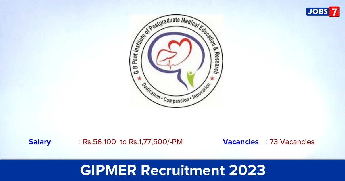 GIPMER Recruitment 2023 - 73 Junior Resident Job Vacancies, MBBS Graduate Apply Now !