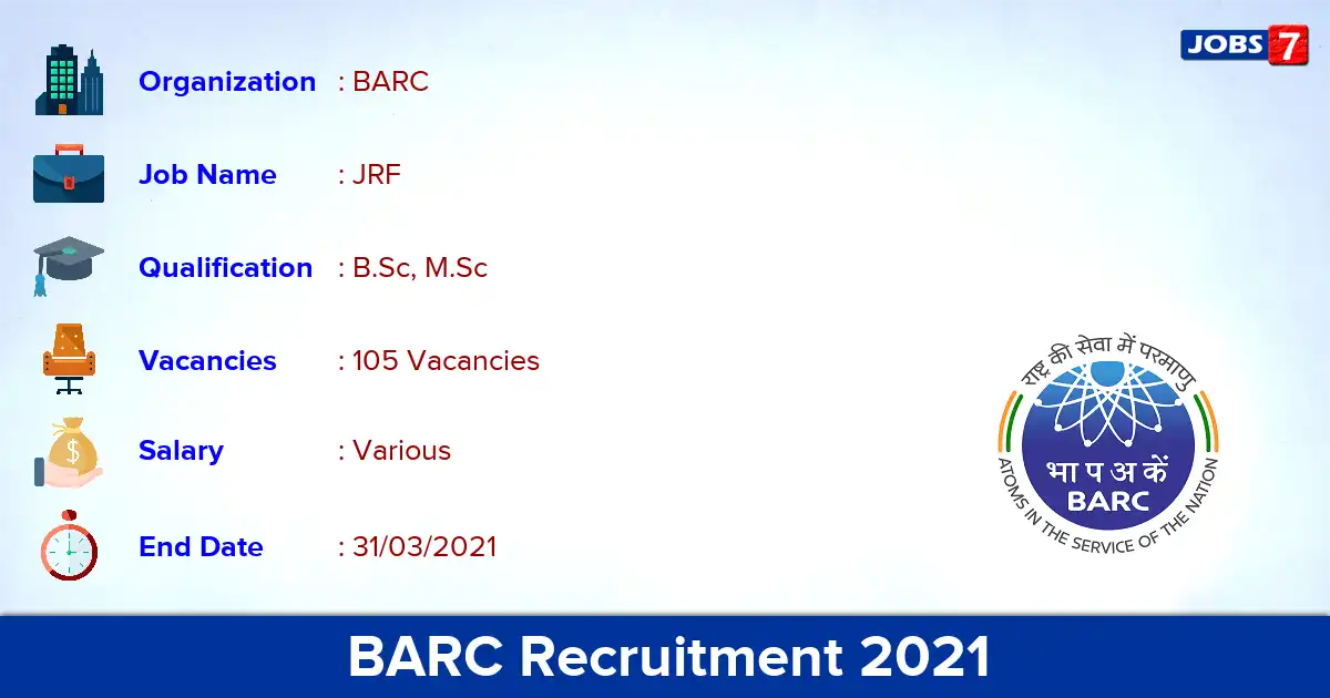 BARC Recruitment 2021 OUT - 105 JRF vacancies