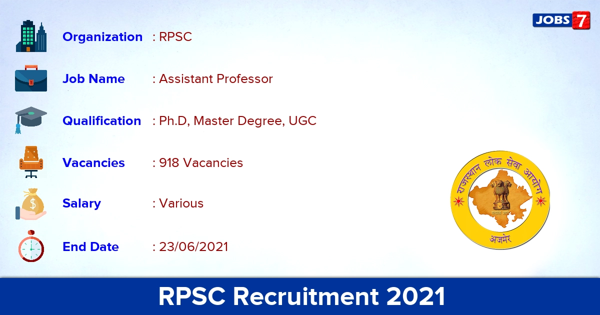 RPSC Recruitment 2021 OUT - 918 Assistant Professor Vacancies (Reopen)