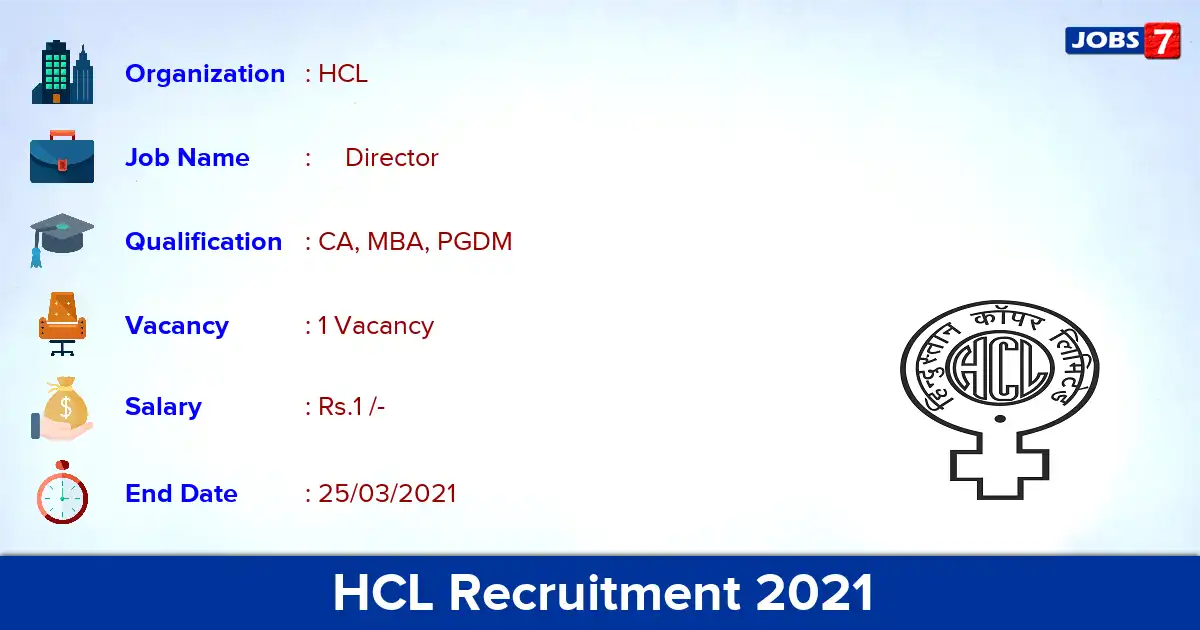 HCL Recruitment 2021 - Apply for Director Jobs
