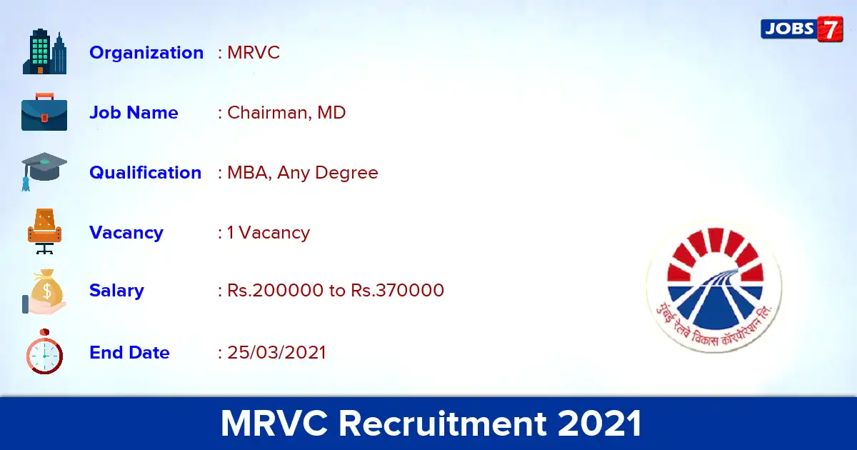 MRVC Recruitment 2021 - Apply for Chairman Jobs