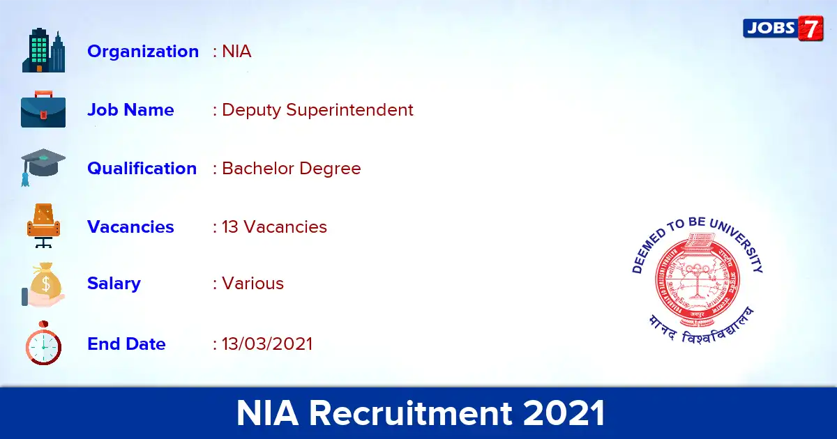 NIA Recruitment 2021 - Apply for 13 Deputy Superintendent of Police vacancies