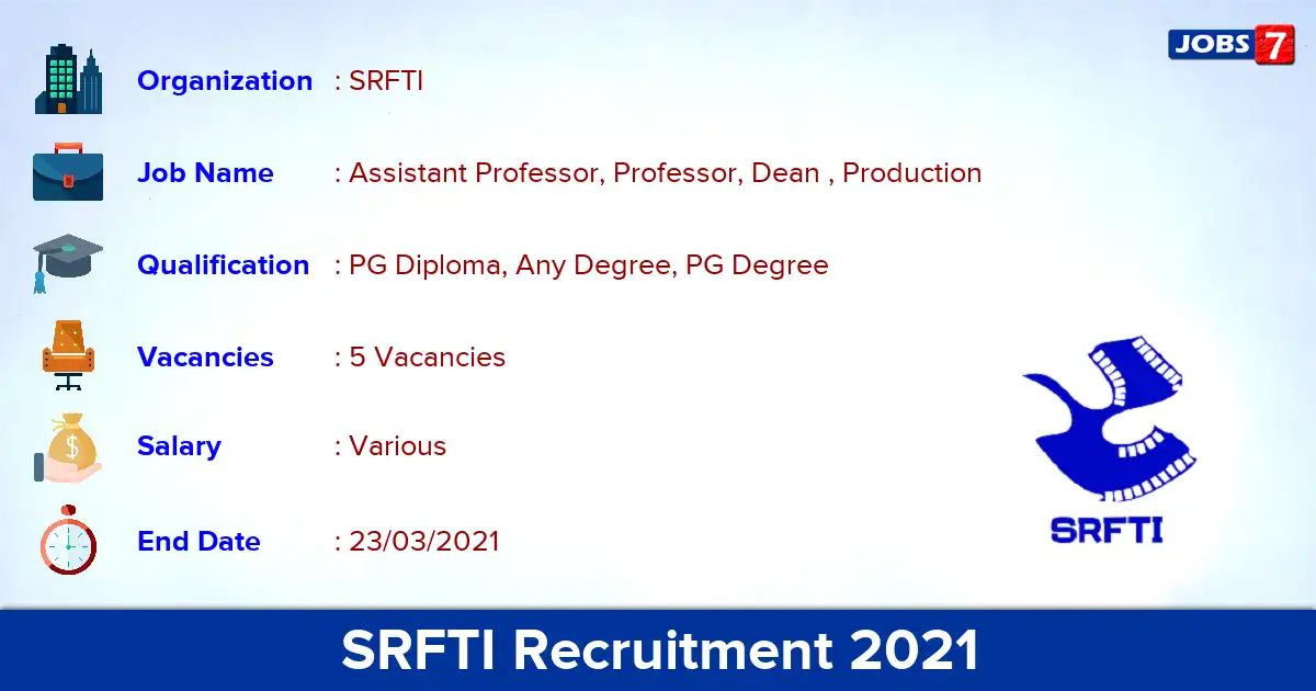 SRFTI Recruitment 2021 - Apply for Professor Jobs