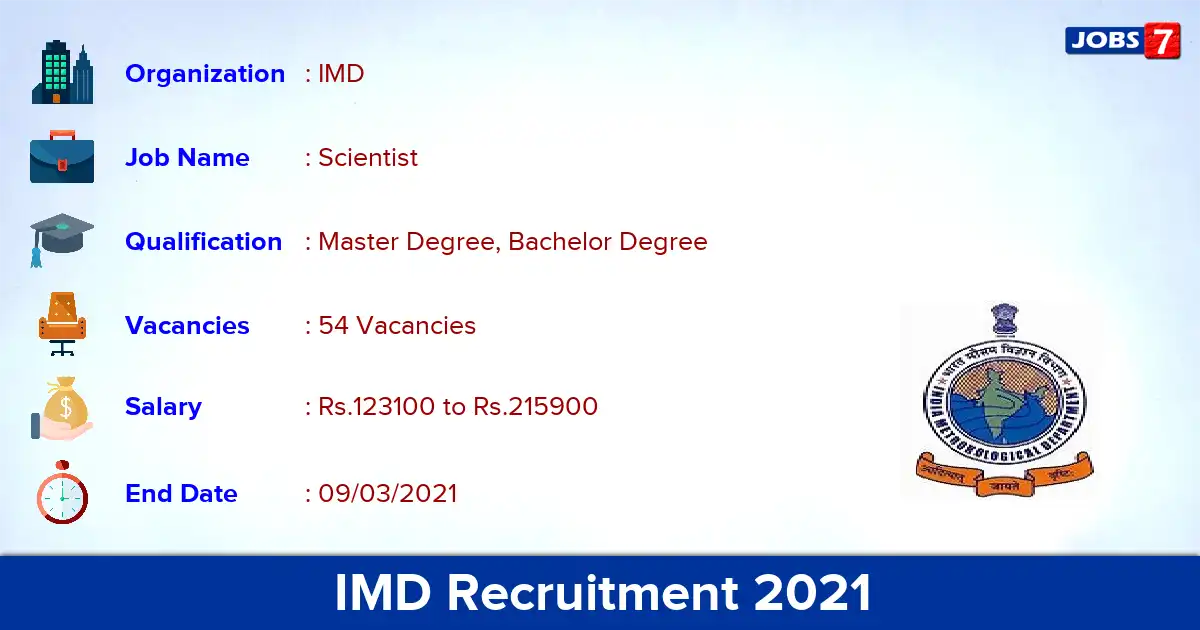 IMD Recruitment 2021 - Apply for 54 Scientist vacancies