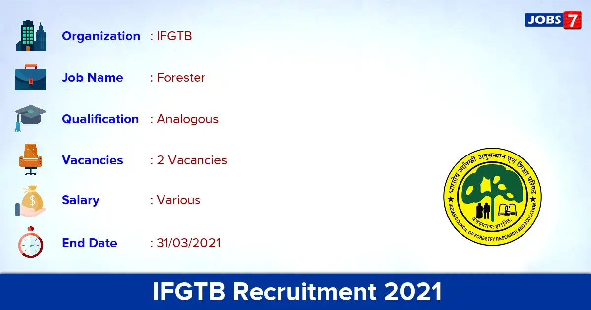 IFGTB Recruitment 2021 - Apply for Forester Jobs