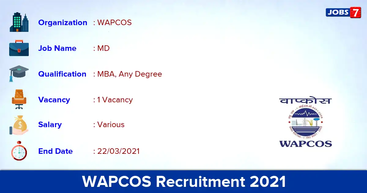 WAPCOS Recruitment 2021 - Apply for MD Jobs