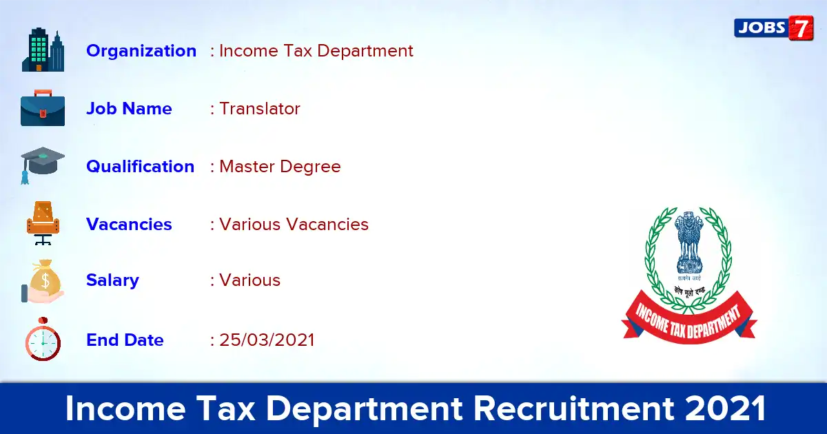 Income Tax Department Recruitment 2021 - Apply for Senior Translator vacancies