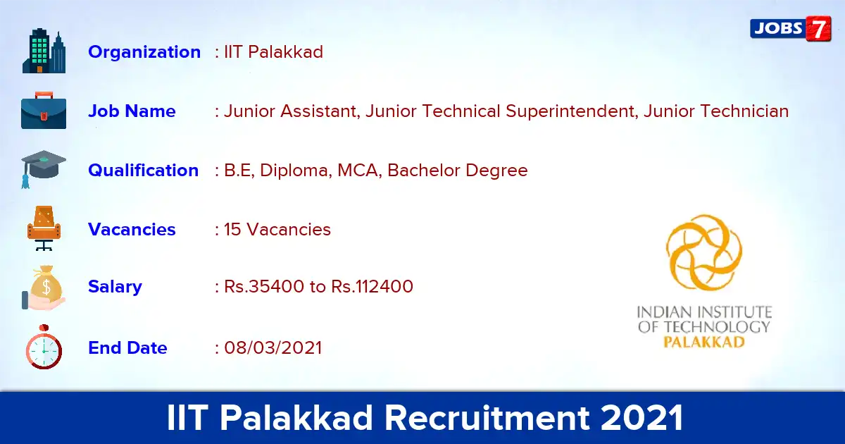 IIT Palakkad Recruitment 2021 - Apply for 15 Junior Assistant vacancies
