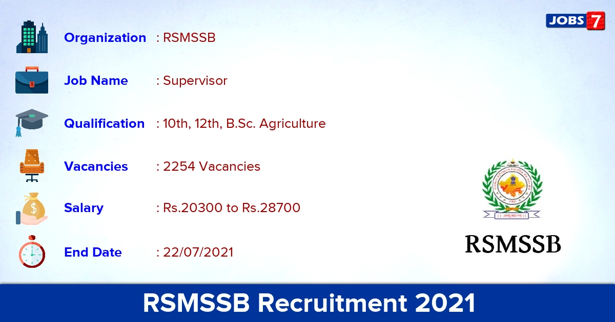 RSMSSB Recruitment 2021 - Apply for 2254 Agriculture Supervisor Vacancies