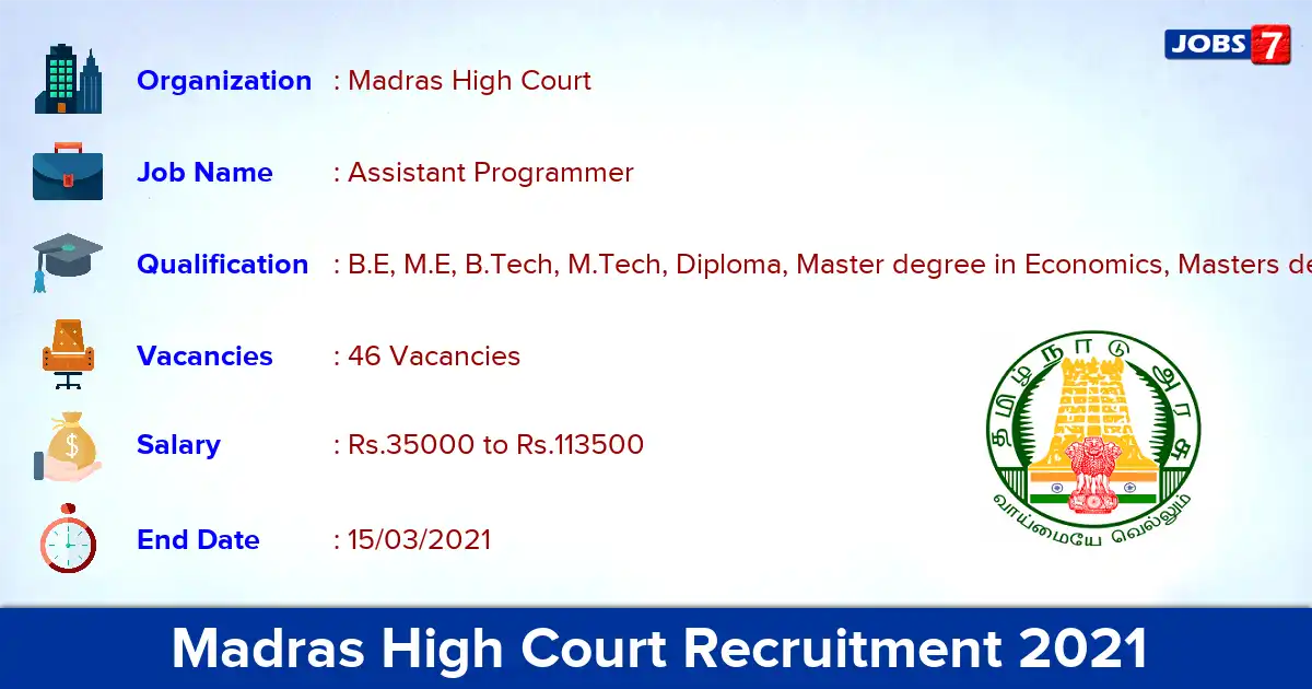 Madras High Court Recruitment 2021 - Apply for 46 Assistant Programmer vacancies