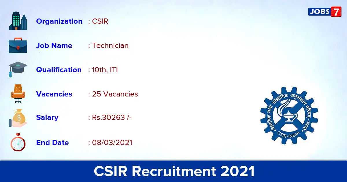 CSIR Recruitment 2021 - Apply for 25 Technician vacancies