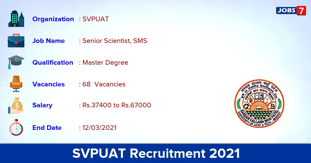 SVPUAT Recruitment 2021 - Apply for 68 Senior Scientist vacancies