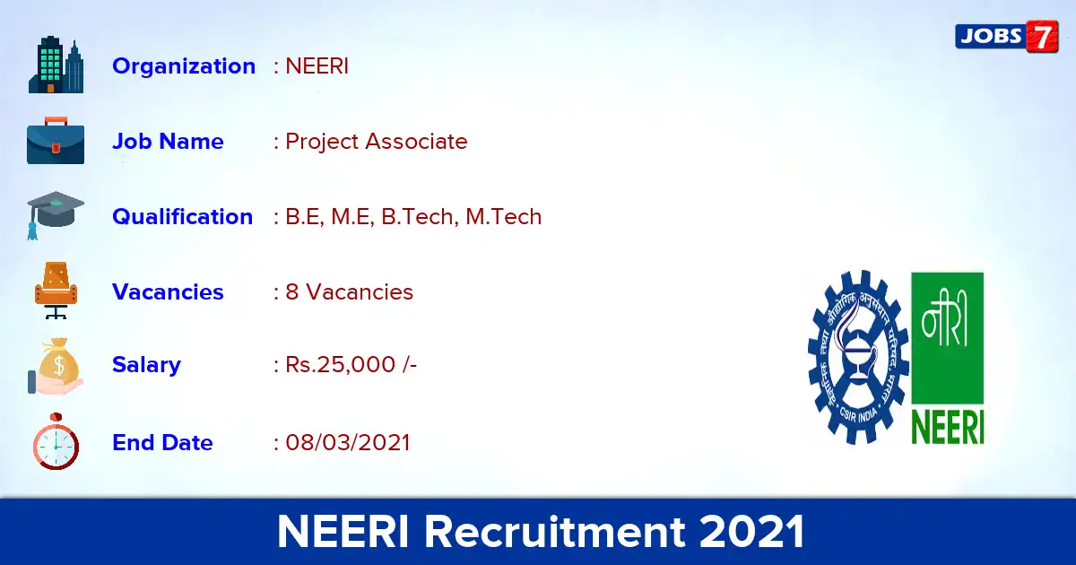 NEERI Recruitment 2021 - Apply for Project Associate Jobs