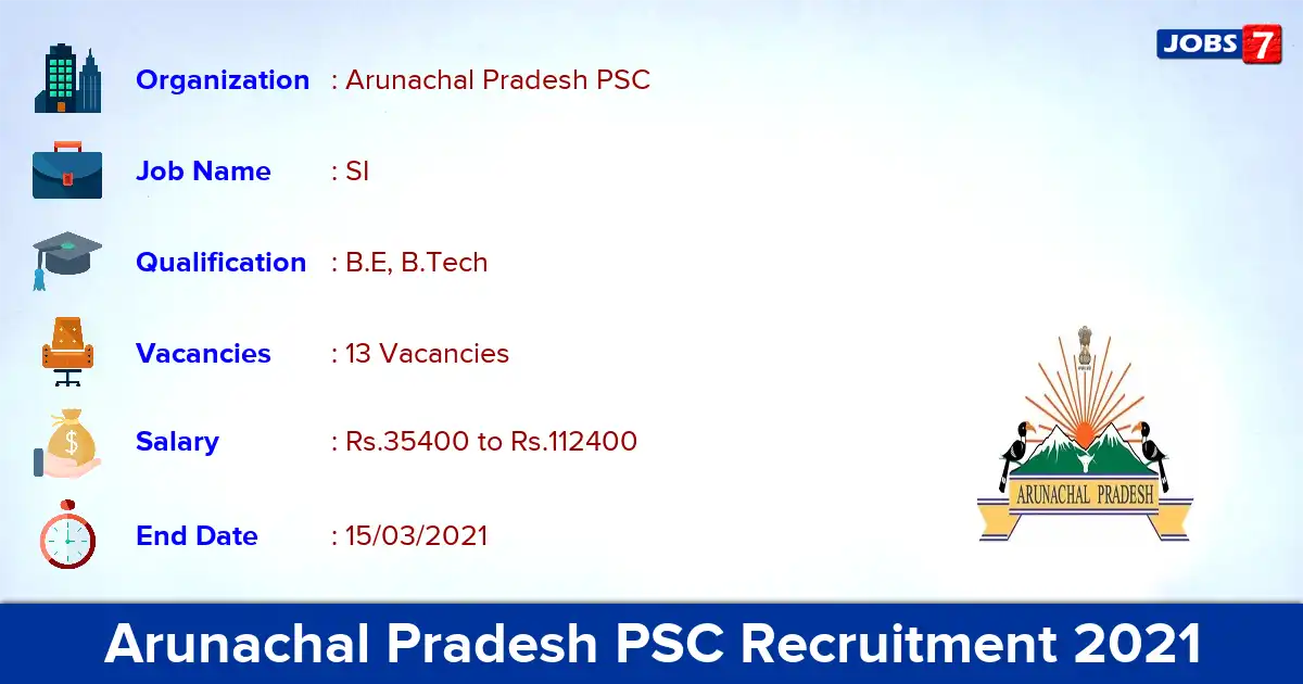Arunachal Pradesh PSC Recruitment 2021 - Apply for 13 SI vacancies