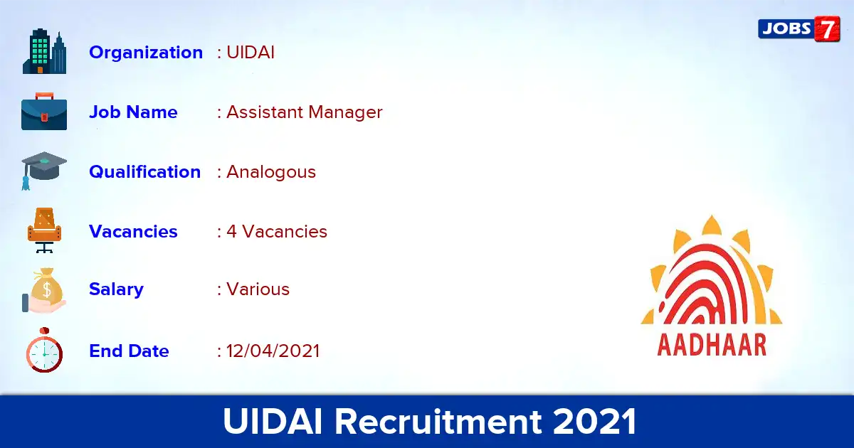 UIDAI Recruitment 2021 - Apply for Assistant Manager Jobs