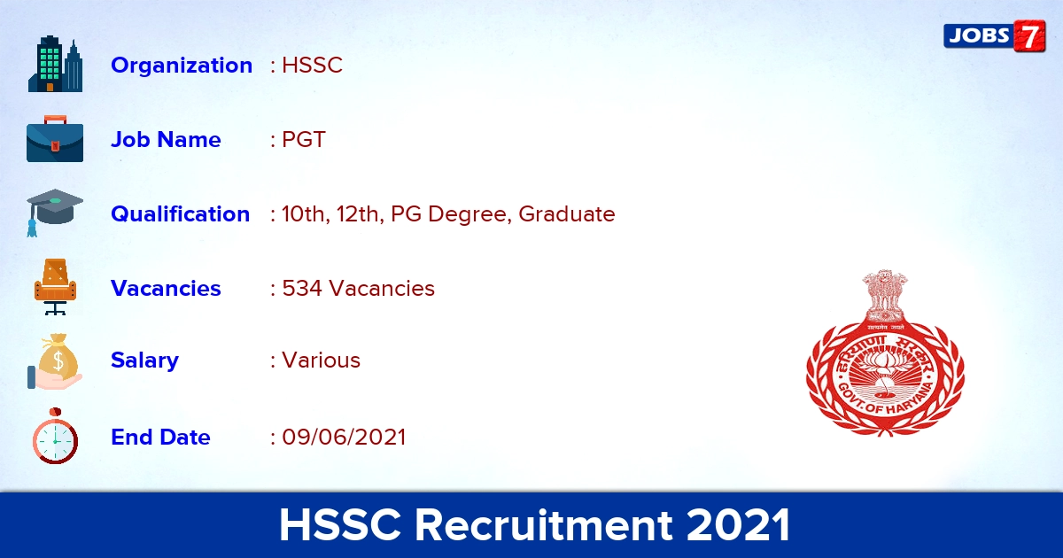 HSSC Recruitment 2021 - Apply for 534 PGT vacancies