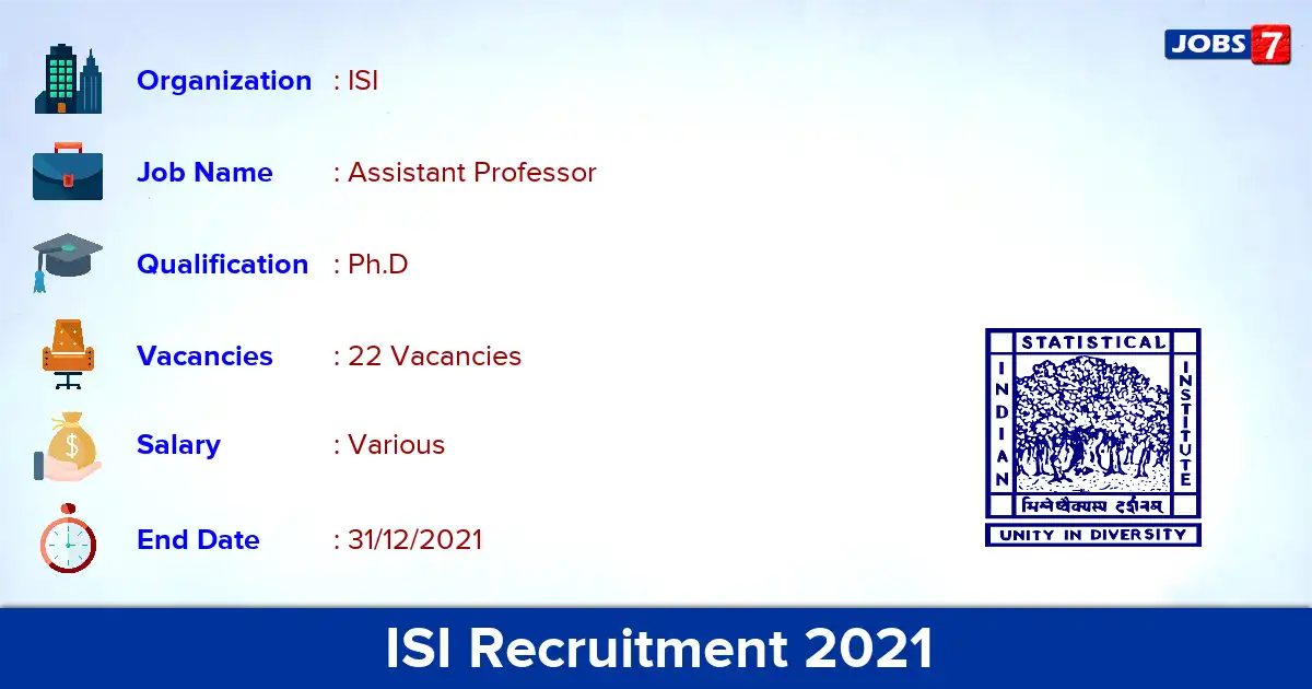 ISI Recruitment 2021 - Apply for 22 Assistant Professor vacancies