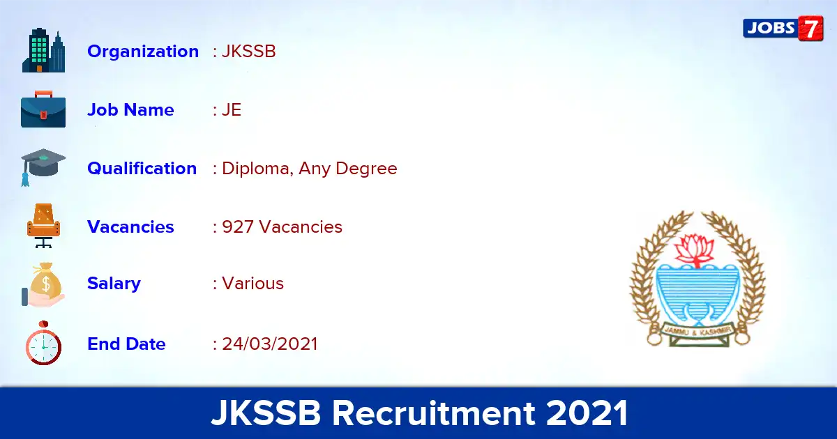 JKSSB Recruitment 2021 - Apply for 927 Junior Engineer vacancies
