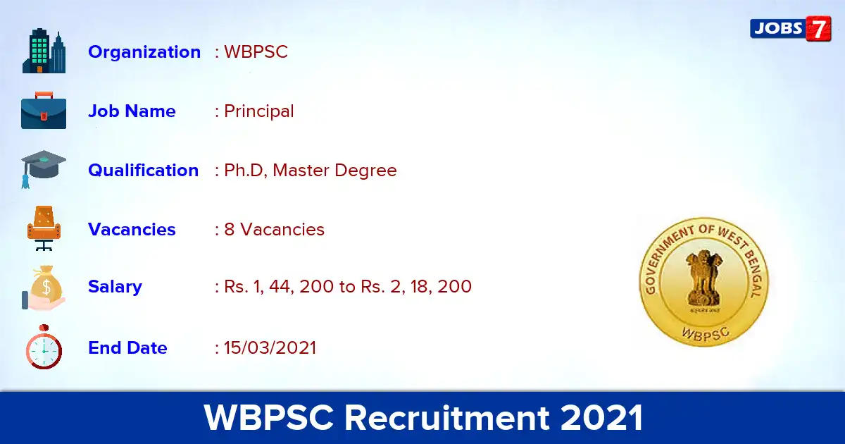 WBPSC Recruitment 2021 - Apply for Principal Jobs
