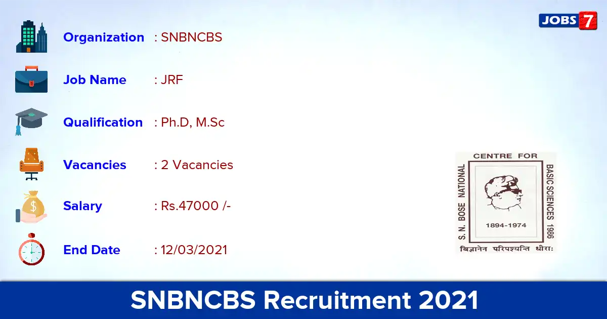 SNBNCBS Recruitment 2021 - Apply for JRF Jobs